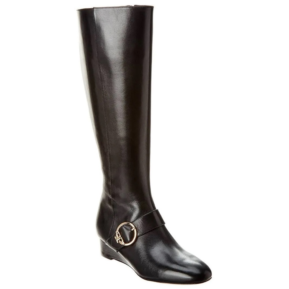 TORY BURCH Sophia Black Nappa Leather Tall‎ Wedge Riding Boots